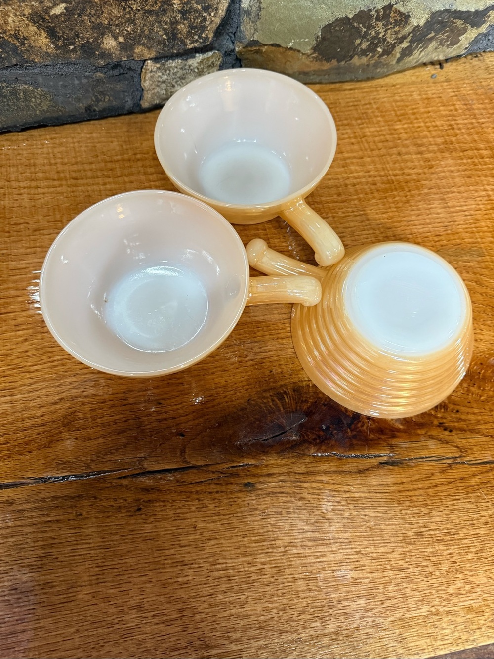 Fire King Peach Luster Small bowls Beehive soup bowls with handles